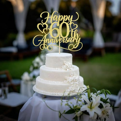 Happy 60th Anniversary Cake Topper Glitter Celebration Decoration - Gold