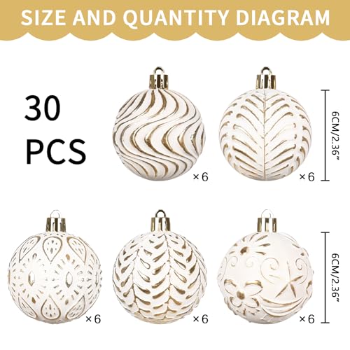 White and Gold Christmas Ornament Set - 30pcs Holiday Tree Decorations