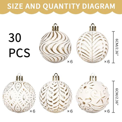White and Gold Christmas Ornament Set - 30pcs Holiday Tree Decorations