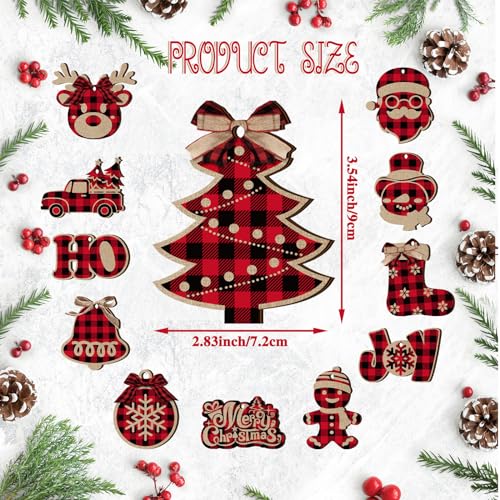 Christmas Buffalo Plaid Ornaments Set - Rustic Wooden Holiday Decor, Black Red Variation
