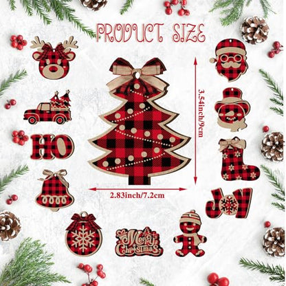 Christmas Buffalo Plaid Ornaments Set - Rustic Wooden Holiday Decor, Black Red Variation