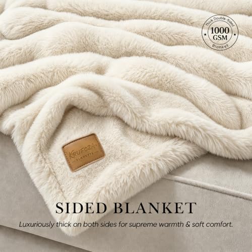 Antique Ivory White 50x60 Inch Double-Sided Faux Fur Throw Blanket - Ultra Plush & Cozy Warm Luxury Bed Couch Decor
