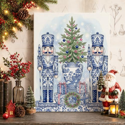 Chinoiserie Nutcracker Holiday Canvas Wall Art 12x8 Blue & White Decor