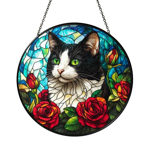 Black and White Cat Stained Glass Panel - Artistic Window Decor for Cat Lovers