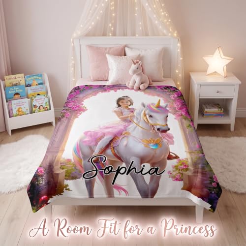 Pink Personalized Unicorn Princess Blanket with Photo and Name for Girls