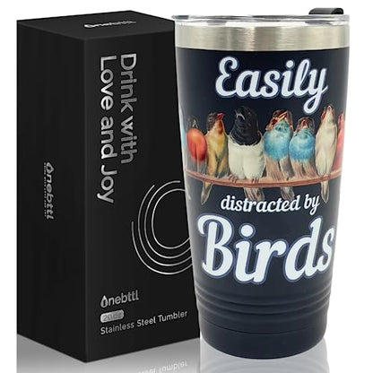 Bird Watching Tumbler 20oz Stainless Steel Insulated with Lid & Straw Black - Easily Distracted by Birds