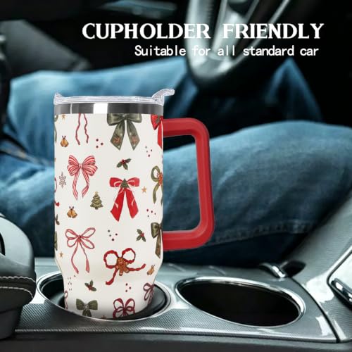 Christmas Bow 40oz Insulated Travel Tumbler with Handle - Festive Stainless Steel Mug