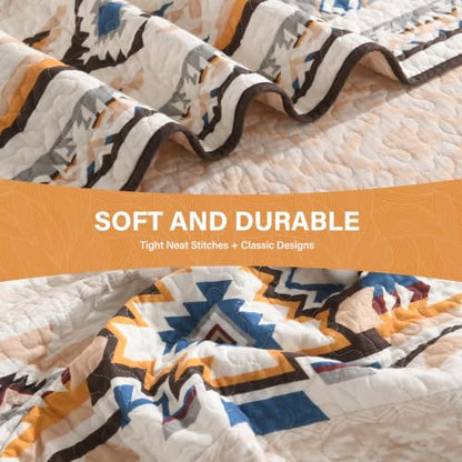 Queen Cotton Quilt Set with Reversible Bedspread Aztec Pattern - All Season Bedding
