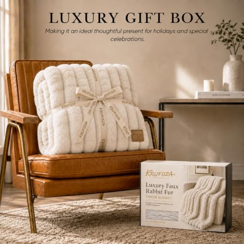 Antique Ivory White 50x60 Inch Double-Sided Faux Fur Throw Blanket - Ultra Plush & Cozy Warm Luxury Bed Couch Decor