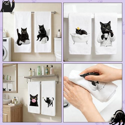 Black Cat Hand Towels 6 Pack - Decorative Microfiber Kitchen & Bathroom Cloths