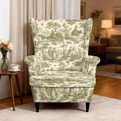 Vintage Toile De Jouy Wingback Chair Cover - Dustproof Slipcover with Elastic Bottom, Pet Safe