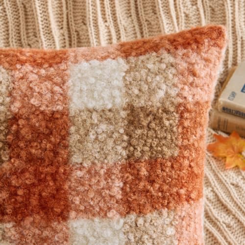 Fall Plaid Pillow Covers Set of 2 18x18 Inches Boucle Orange Rustic Farmhouse