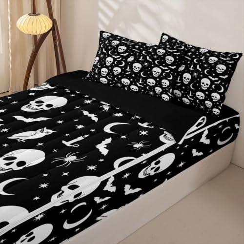 Halloween Gothic Skull Zipper Bedding Set for Kids Full Size Ghost White Variation