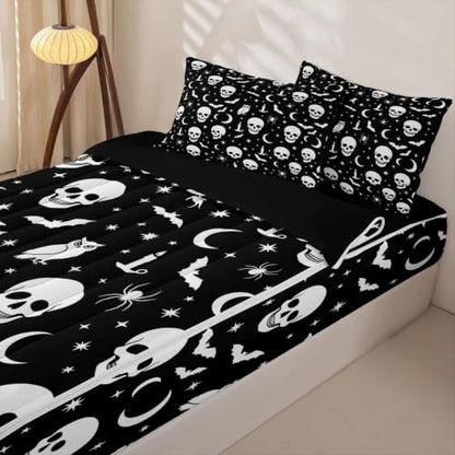 Halloween Gothic Skull Zipper Bedding Set for Kids Full Size Ghost White Variation