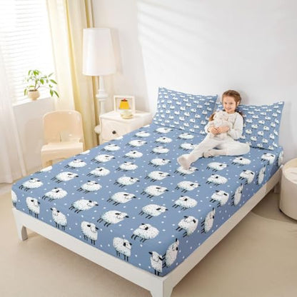 Blue Twin Size Cartoon Sheep Fitted Sheet Set with Pillowcase - Farm Animal Theme Deep Pocket Bedding for Kids Boys Girls Room Decor