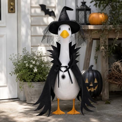 Halloween Witch Porch Goose Costume with Lace Spider Web Hat - Black2