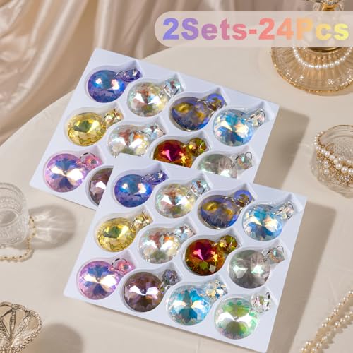 24pcs Iridescent Crystal Ornaments for Christmas Tree & Holiday Decor - Round & Flower Shaped