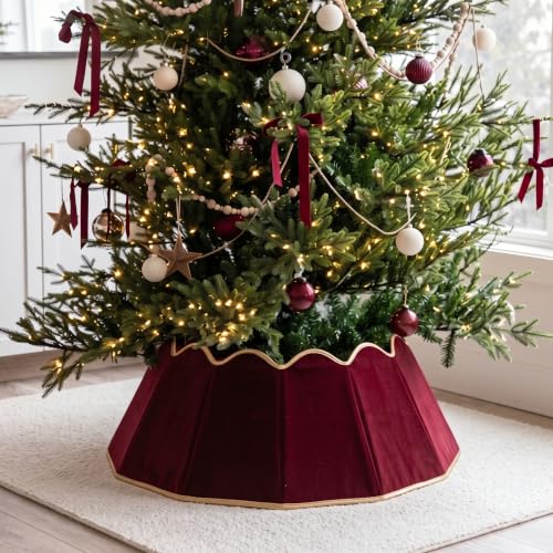 Foldable Velvet Christmas Tree Collar Burgundy 28 Inch with Gold Trim - Farmhouse Style