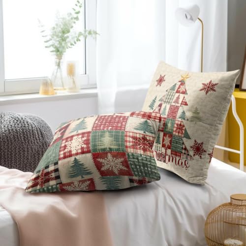 Christmas Tree Outdoor Pillow Covers 18x18 Set of 2 - Patchwork & Plaid Design