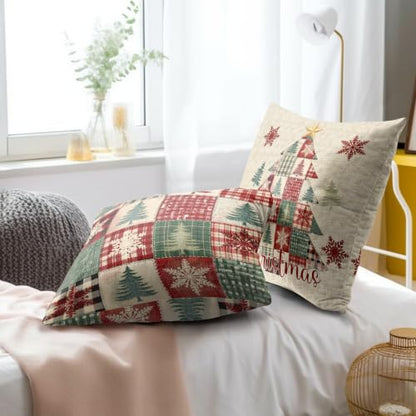 Christmas Tree Outdoor Pillow Covers 18x18 Set of 2 - Patchwork & Plaid Design