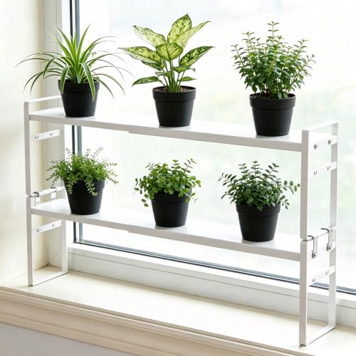 Expandable White Window Sill Plant Shelf - Narrow Adjustable Kitchen & Bathroom Organizer, Stackable Shelves