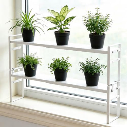 Expandable White Window Sill Plant Shelf - Narrow Adjustable Kitchen & Bathroom Organizer, Stackable Shelves