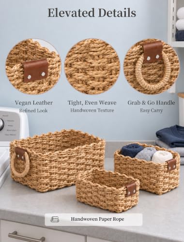 Small Wicker Storage Baskets Set of 3 - Natural Paper Rope with Handles