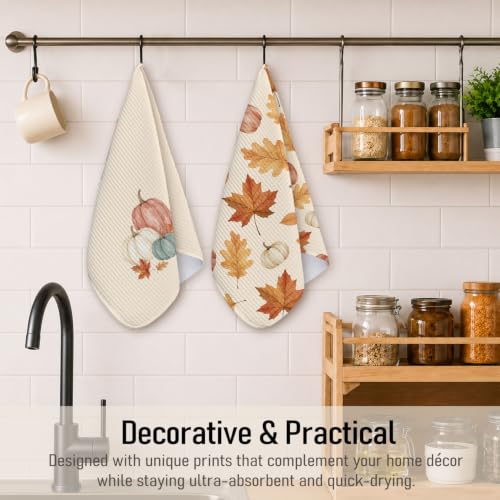 Fall Pumpkin Kitchen Towels Set of 2 - Autumn Leaves Thanksgiving Dish Towels