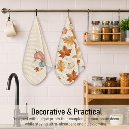 Fall Pumpkin Kitchen Towels Set of 2 - Autumn Leaves Thanksgiving Dish Towels