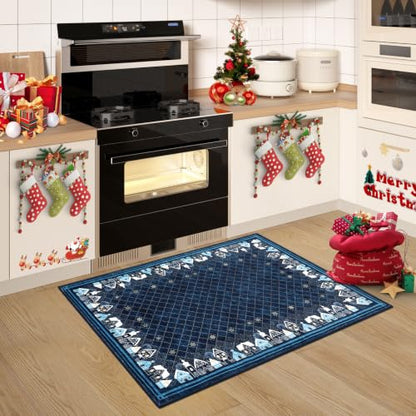Christmas Washable Doormat 2x3 Small Rug with Snowman & Xmas Tree Motifs