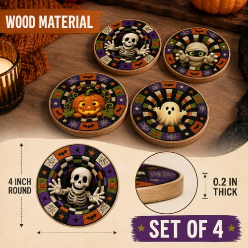 Halloween Coasters Set of 4 - Spooky Drink Table Decor for Parties