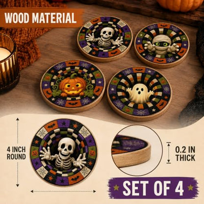 Halloween Coasters Set of 4 - Spooky Drink Table Decor for Parties
