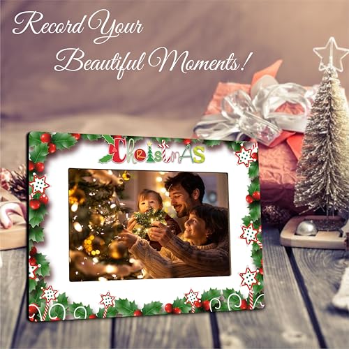 Merry Christmas Floral Photo Frame Fits 4x6 Inch Pictures Wooden Decor Home Office Party