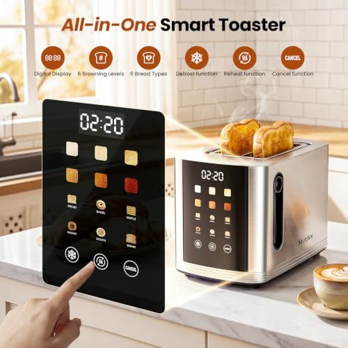 Silver 2 Slice Touch Screen Smart Toaster with Wide Slots