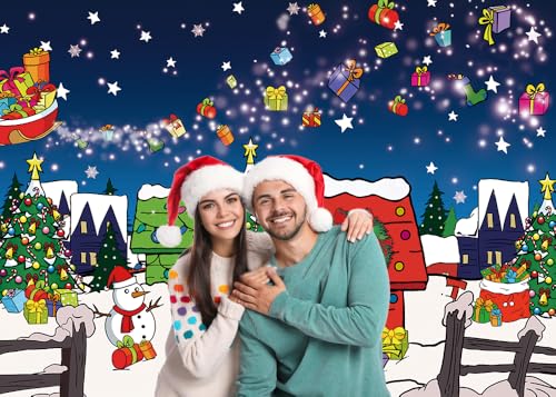 8x6FT Christmas Backdrop Snow Night House with Tree Photo Studio Background - Red