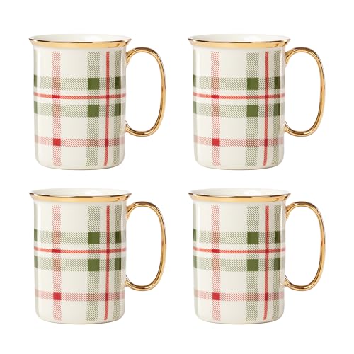 Lenox Holiday Plaid Christmas Mug Set for 4 - 12oz Porcelain with Gold Accents