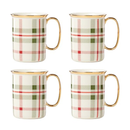 Lenox Holiday Plaid Christmas Mug Set for 4 - 12oz Porcelain with Gold Accents