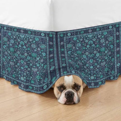 Teal Boho King Bed Skirt 18 Inch Drop Adjustable Elastic Wrap-Around Dust Ruffle