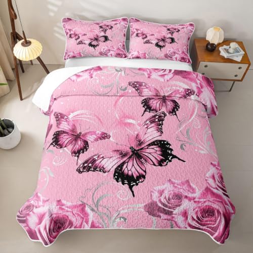 Pink Butterfly Quilt Set Queen Size 3D Bedspread with Pillowcases Kids Girls