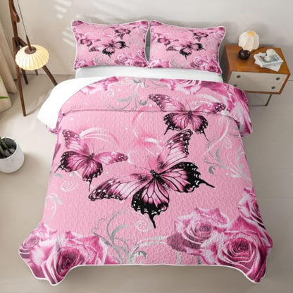 Pink Butterfly Quilt Set Queen Size 3D Bedspread with Pillowcases Kids Girls