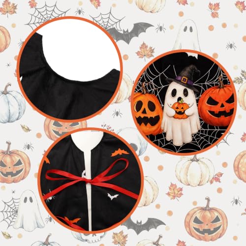 Halloween Tree Skirt 48 Inch Short Plush Pumpkin & Spider Web Design with Variation Black Pumpkin Face