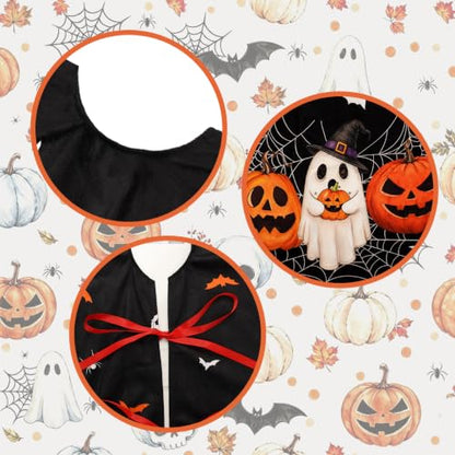 Halloween Tree Skirt 48 Inch Short Plush Pumpkin & Spider Web Design with Variation Black Pumpkin Face