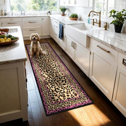 Pink Leopard Border Runner Rug 2x6 Feet - Stylish Cheetah Pattern, Non-Slip, Washable