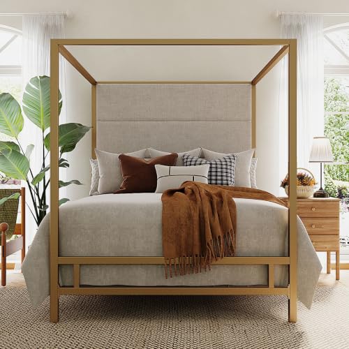 King Canopy Bed with Tall Linen Headboard and Gold Metal Frame - Tan & Gold, King Size