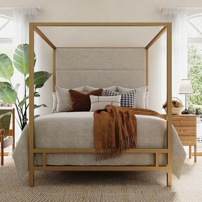 King Canopy Bed with Tall Linen Headboard and Gold Metal Frame - Tan & Gold, King Size