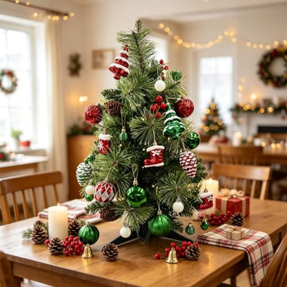 Christmas Baubles 40 Pack - Red, Green & White Shatterproof Ornaments with Hand-Painted Designs