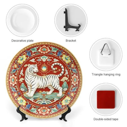 White Tiger Porcelain Decorative Plate - 6 Inch Wall Art Home Decor