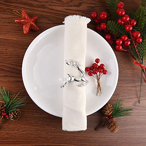 Silver Christmas Napkin Ring Set with Trees Elk Snowflake - 12 Pieces