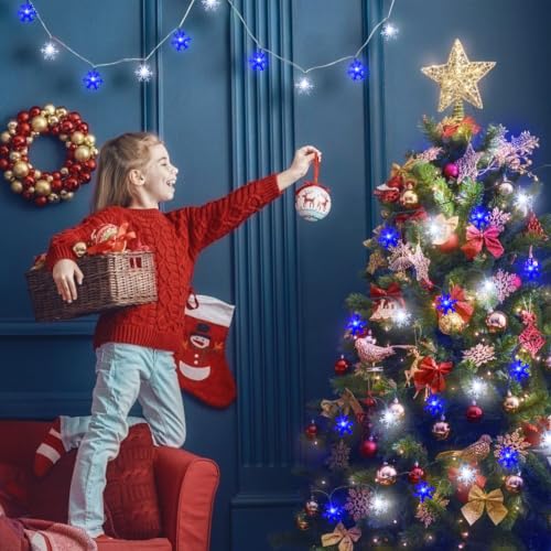 Snowflake String Lights Blue and White 9.8FT Waterproof Battery Operated