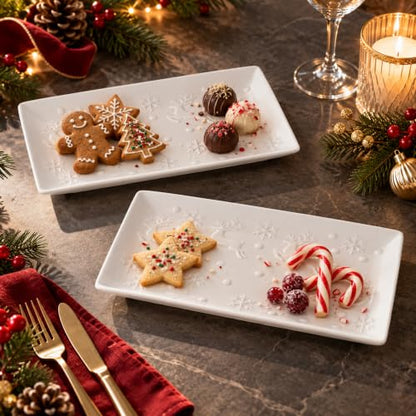 11 Inch Reindeer Ceramic Serving Platters - Set of 2 Christmas Snowflake Dinnerware